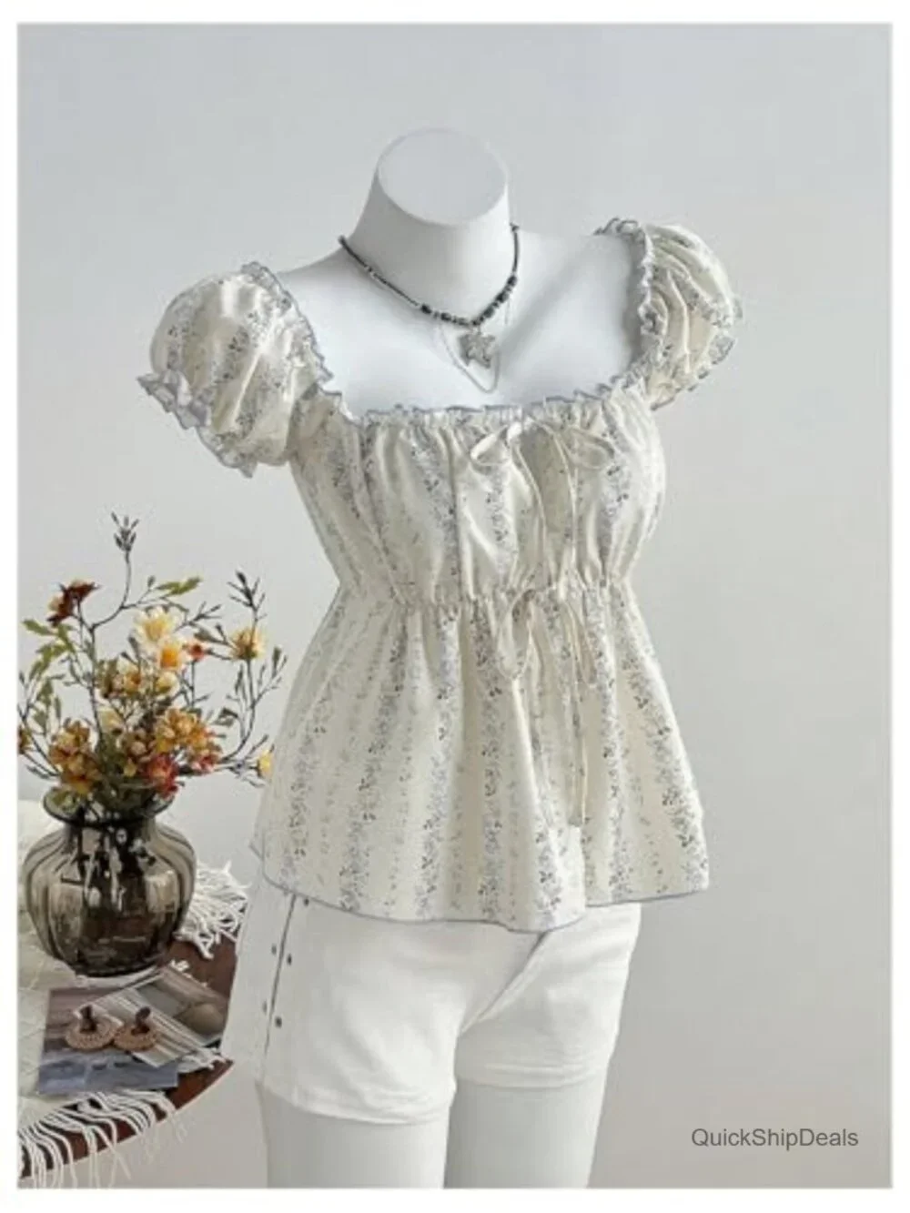 Floral Peplum Top Square Neck Puff Sleeve Ruffle Babydoll Blouse